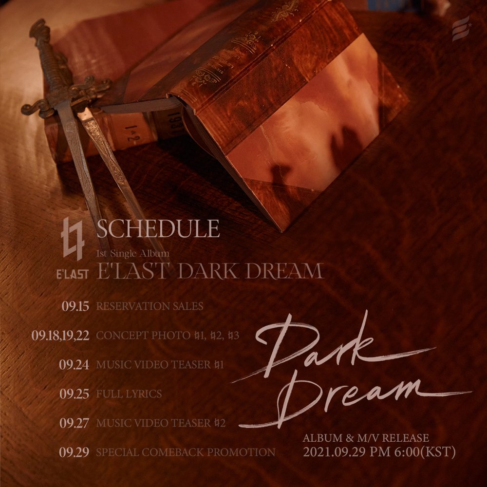 ELASTofficial's tweet photo. E'LAST
1st Single Album 'Dark Dream'
SCHEDULE
⠀
2021.09.29 6PM (KST)
Coming Soon🖤
⠀
#DarkDream #ELAST #SCHEDULER #스케줄 
#다크드림 #엘라스트 https://t.co/vg93gOcDVu