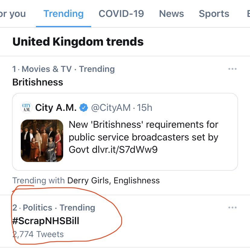 Number 2! Can we hit the top trending item in the UK? Let’s give <a href="/sajidjavid/">Sajid Javid</a> a message 👍

🚨The public do not want NHS privatisation🚨
#ScrapNHSBill <a href="/EveryDoctorUK/">EveryDoctor</a>