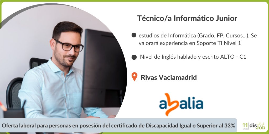 disJob's tweet photo. #Empleo #disCapacidad 

@AbaliaIT está seleccionando 4 Técnicos/as #Informáticos/as Junior para trabajar en  📍Rivas Vaciamadrid 🖥️

No se necesita tener experiencia, pero sí estudios de Informática (Grado, FP, Cursos...) y nivel C1 de Inglés

Apúntate  ➡️ https://t.co/cpxy2DN7tP https://t.co/uwNqaMlRYQ