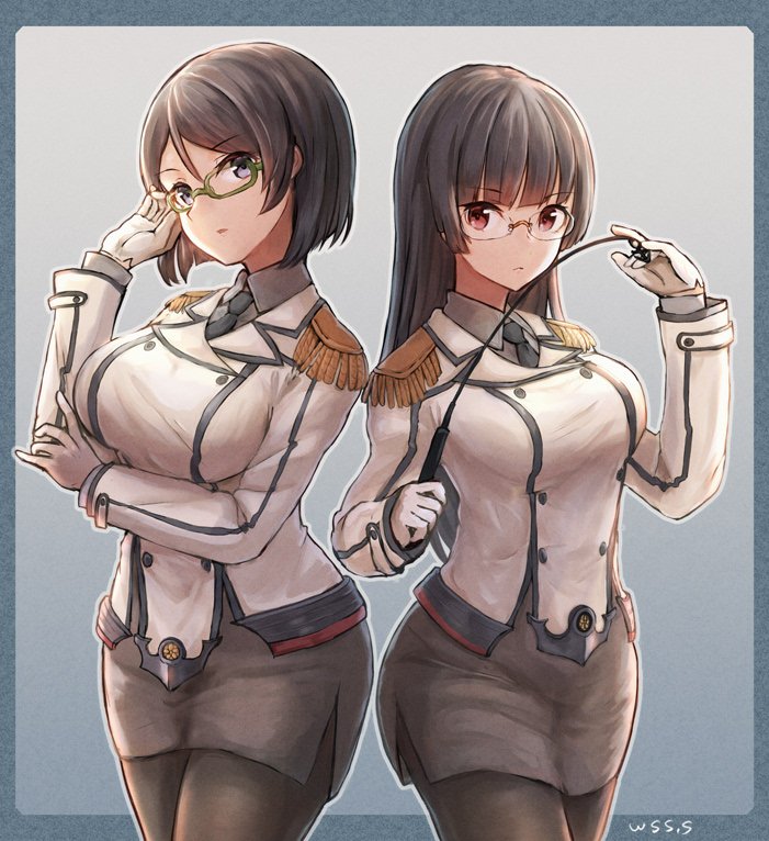 choukai (kancolle) ,katori (kancolle) ,kirishima (kancolle) cosplay multiple girls 2girls pantyhose glasses black hair skirt  illustration images
