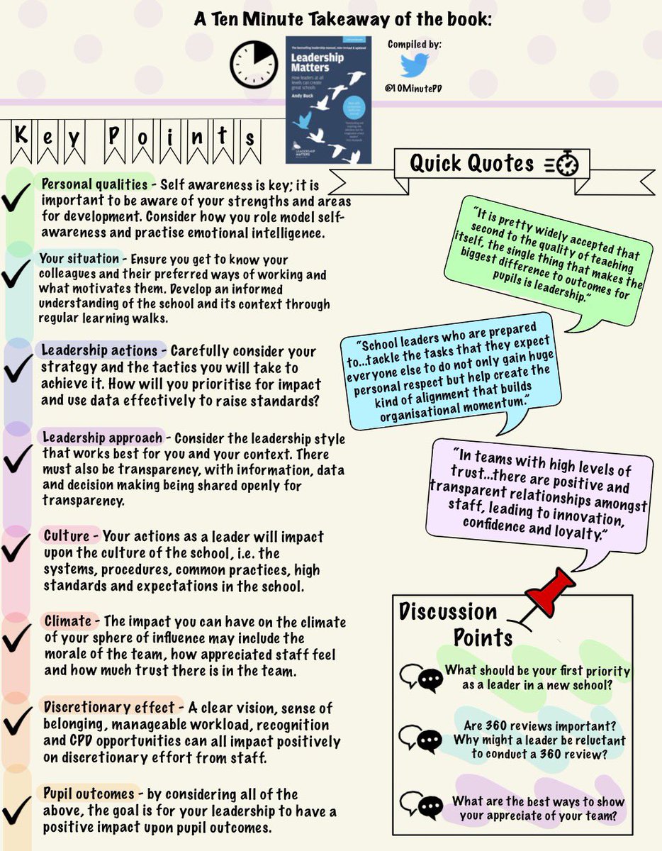 Kicking off our #tenminutePD series with key points from the brilliant ‘Leadership Matters’ by <a href="/Andy__Buck/">Andy Buck</a>. A must read for anyone new to leadership in schools or current leaders who are constantly reflecting and aiming to improve <a href="/LshipMatters/">Leadership Matters</a> #edutwitter #leadershipmatters