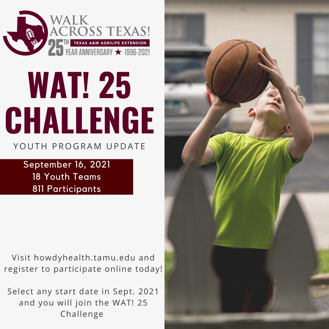 We're so excited about our Walk Across Texas youth teams! There's still time to join in the fun. Teams can choose a start date anytime in September. #WAT25 #walkacrosstexas #agrilifeextension #texasagrilife