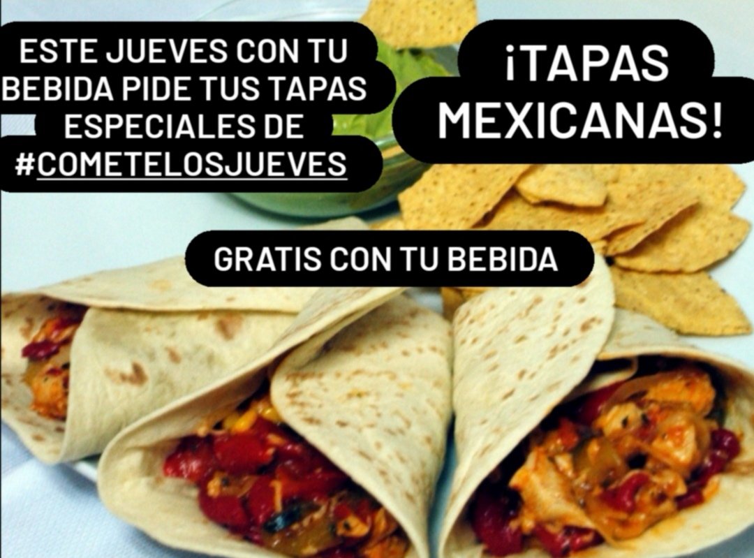 WACHA! Esta noche en #ElGamberodelPaseo con cada bebida una tapa mexicana gratis! Fajitas de pollo, chili, nachos con guacamole, quesadillas.. Reserva tu mesa 953070791  ÁNDALEEE!!