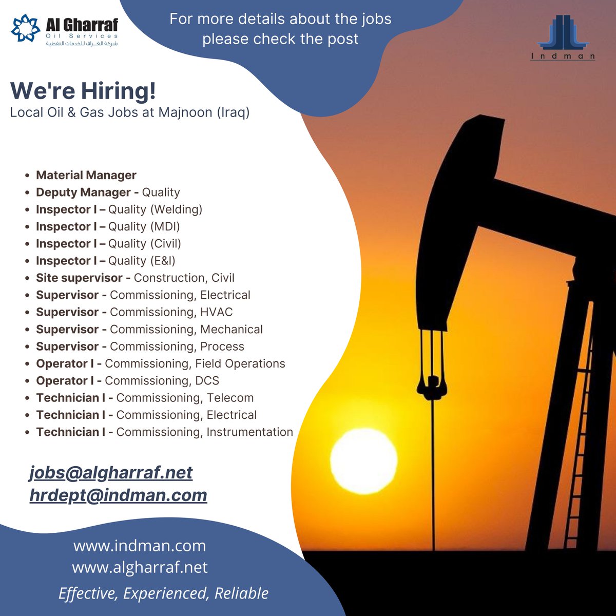 #Indman - #Al Gharraf is looking to hire for one of their Multinational EPC clients The following positions on Third-Party hire basis for their #shortterm #onshore project in Majnoon, Iraq. Only nationalities that can enter Iraq at this point of time will be considered!