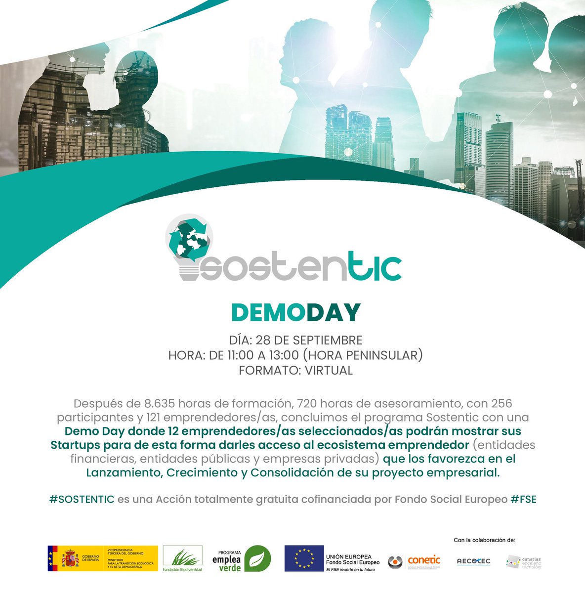 aecotec_asoc's tweet photo. ¡Os invitamos a Demo Day el día 28 de septiembre de 11:00 a 13:00! De forma virtual, podrás disfrutar del final del programa Sostentic, en el que 12 emprendedores mostrarán sus Startups para formar parte del ecosistema emprendedor. https://t.co/Kk1JXsNXjj