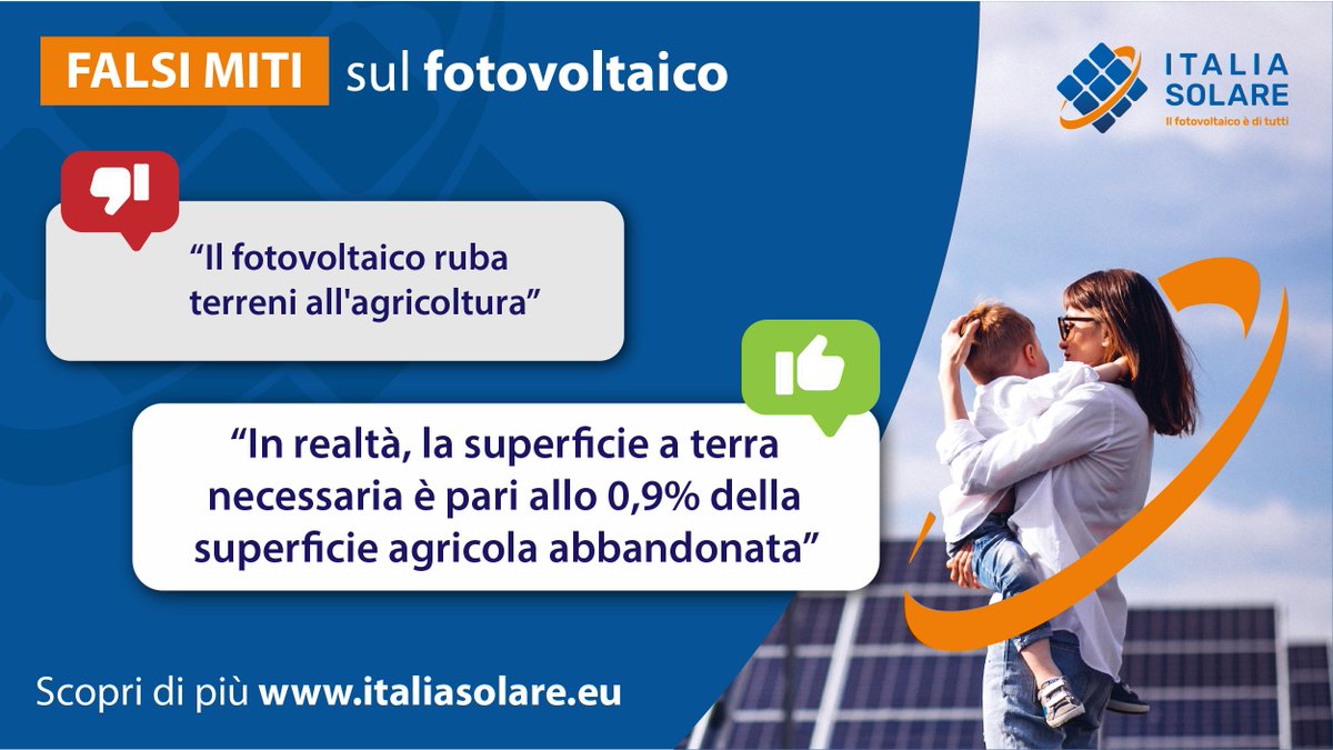 “Gli impianti fotovoltaici rubano terreni all'agricoltura”. 
Una frase che sentiamo spesso ma errata❗

📌 La superficie a terra, infatti, equivale allo 0,9% della superficie agricola abbandonata. #STOPaiFalsiMiti

italiasolare.eu/falsi-miti/