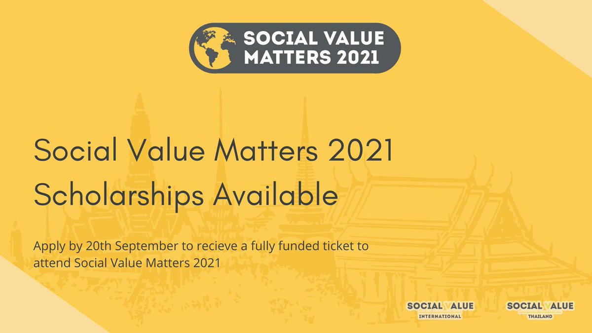 We are thrilled to announce that <a href="/SocialValueInt/">Social Value International 🌎</a> is now accepting applications for fully funded scholarships to attend #SVM2021 📣

To find out more about eligibility, and to apply for your place head to - buff.ly/3h2jXEC 

#SocialValue #socialvaluematters #scholarship