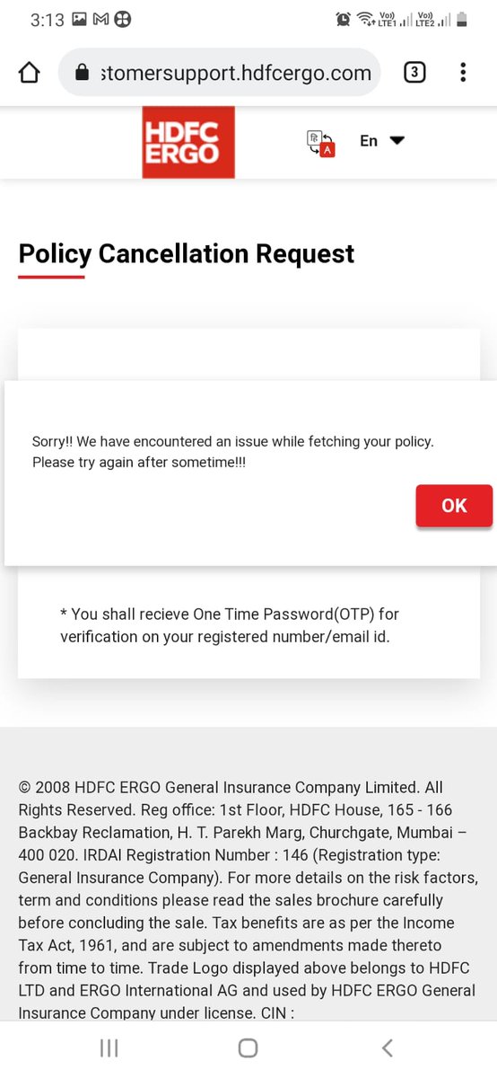 ErAmit312's tweet photo. @HDFCERGOGIC I'm not able to cancel the policy through this link. When I try to cancel it, your website is showing an error. Please suggest an alternate way. https://t.co/tfl3eNy00g