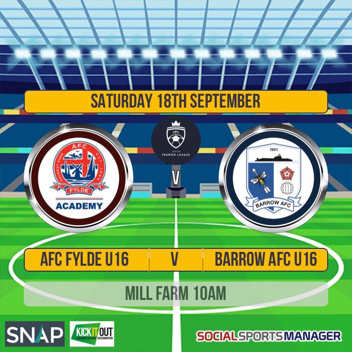 Cracking game in store for the Barrow U16s lads with a early morning visit to take on AFC Fylde at Mill Farm <a href="/BarrowAFC/">Barrow AFC</a> @BarrowFFPC <a href="/AFCFyldeAcademy/">AFC Fylde Academy</a> in our next @jpl fixture ⚽️⚽️⚽️#earlyrise