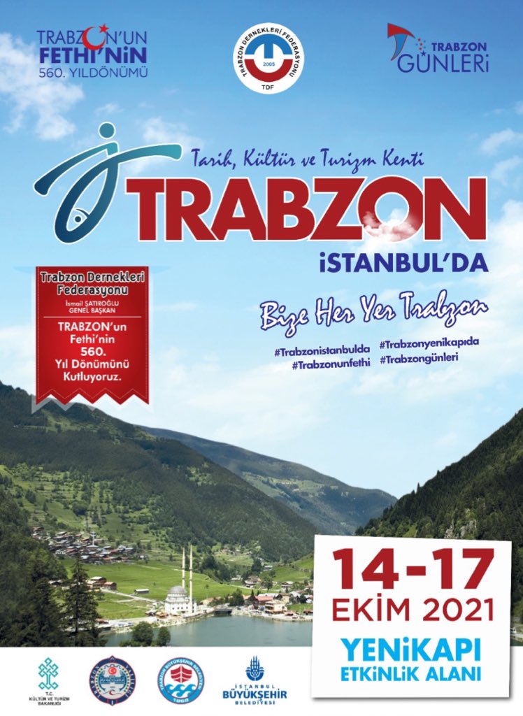 14-17 Ekim tarihinde Trabzon’un fethinin 560. yıl dönümü etkinlikleri kutlamalarına bütün halkımız davetlidir.
 
Tarih, Kültür ve Turizm Kenti TRABZON İSTANBUL’da

#Trabzon
#TDF #TDFGençlikKolları #TDFGK
#Trabzonunfethinin560yılıkutlamaları
#Trabzonunfethi 
#trabzongünleri