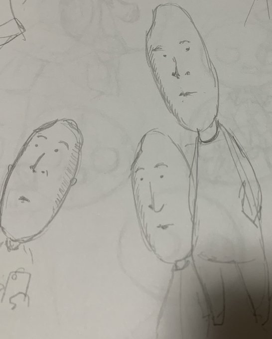 過去描いた絵を見え返したら気持ち悪い米粒の擬人化出てきた。 