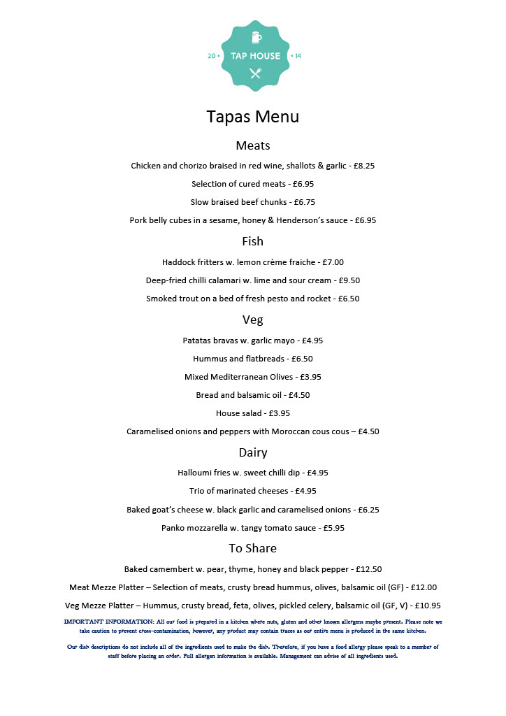 **NEW**
Tapas at The Tap House. Starting this evening.
Thursday to Sunday
Join us for great Tapas dishes, every week serving from Thursday though to Sunday.
Meat, Fish, Veg, Dairy and Sharing platters available.
To book a table with us, please email: taphouseholmfirth@gmail.com
