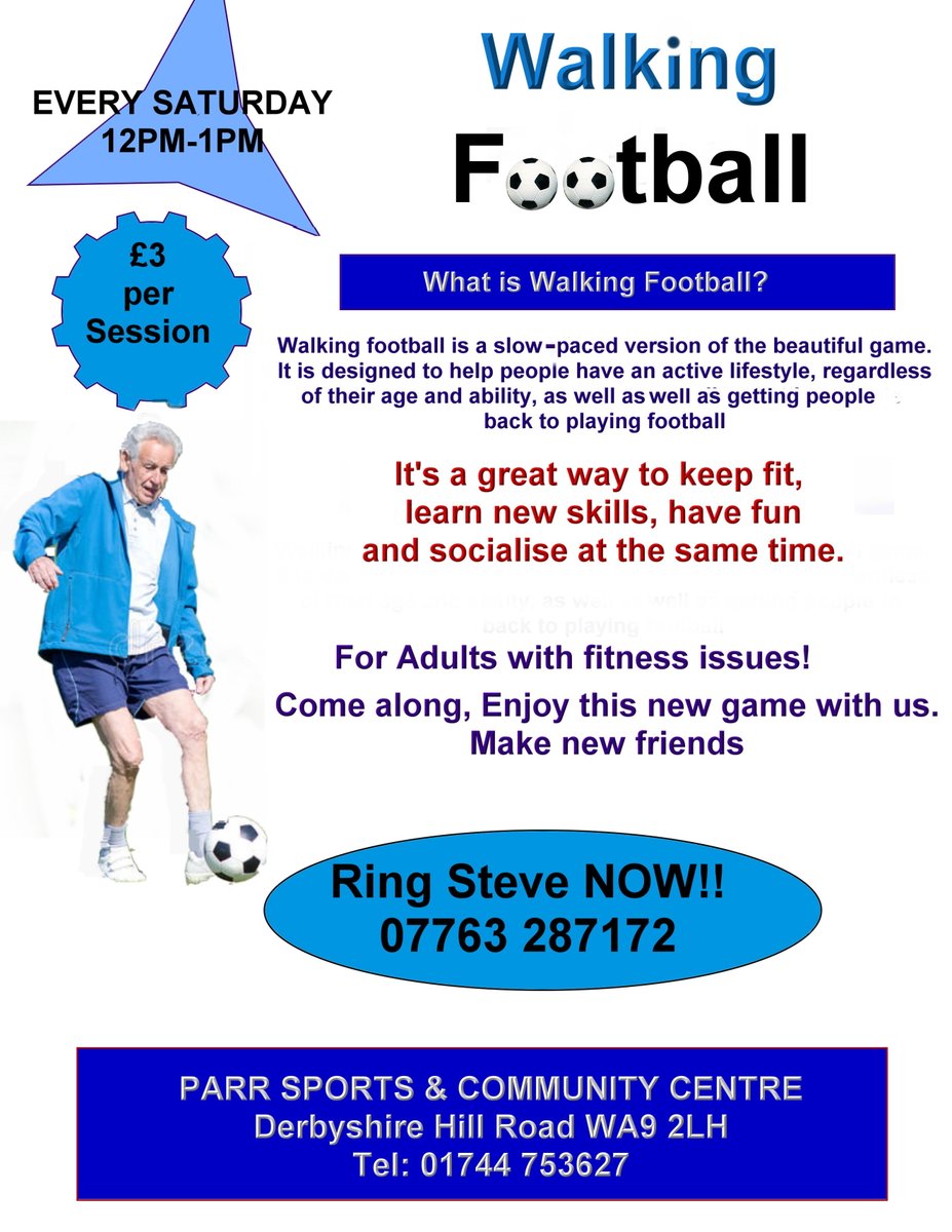Parr Sports is now hosting Walking Football Saturdays 12pm-1pm, all are welcome.