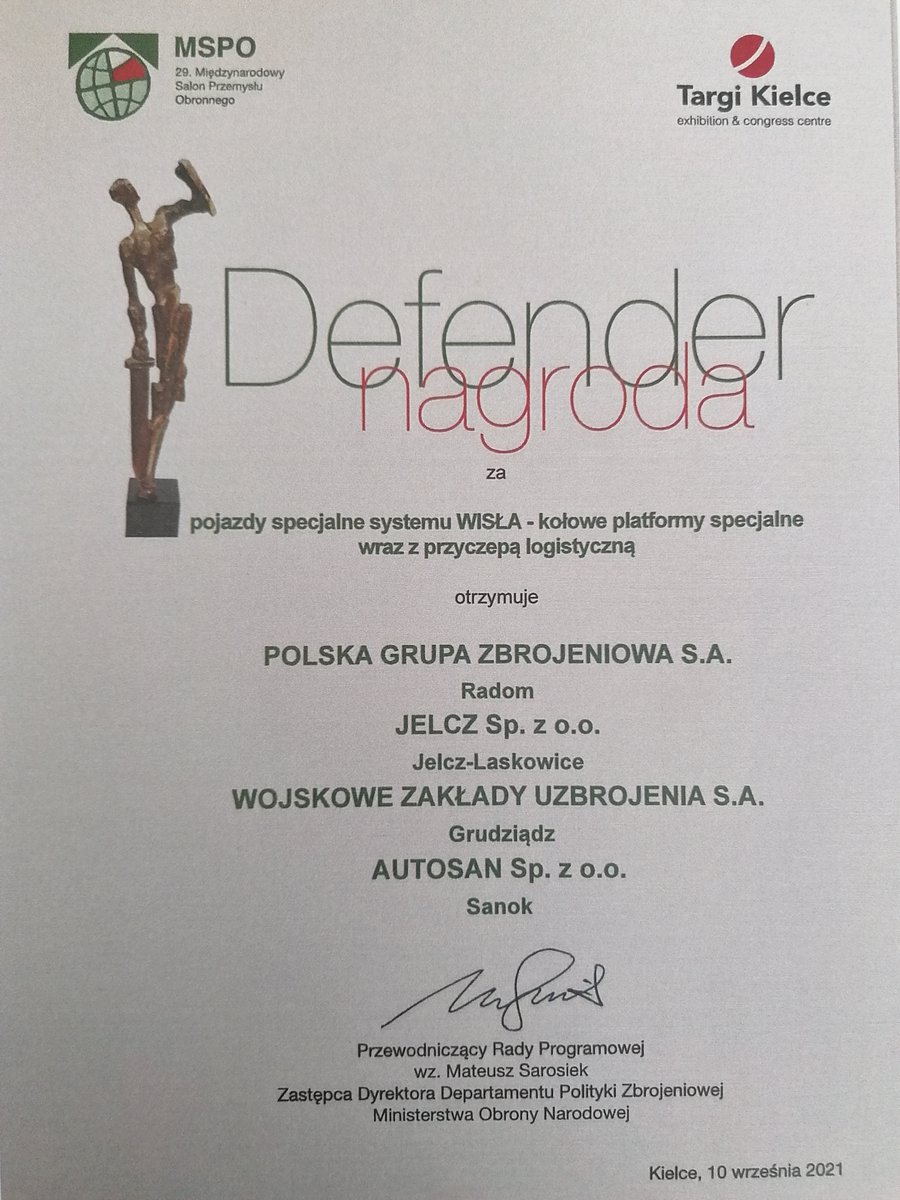 AUTOSANsp's tweet photo. #AUTOSAN został nagrodzony na #MSPO2021 prestiżową nagrodą #DEFENDER wspólnie ze Spółkami @PGZ_pl , #JELCZ oraz #WojskoweZakładyUzbrojenia Wyróżnienie zostało przyznane za pojazdy specjalne systemu #WISŁA , w tym 3-osiową przyczepę terenową produkowaną przez naszą firmę. https://t.co/WKV4MSNkji