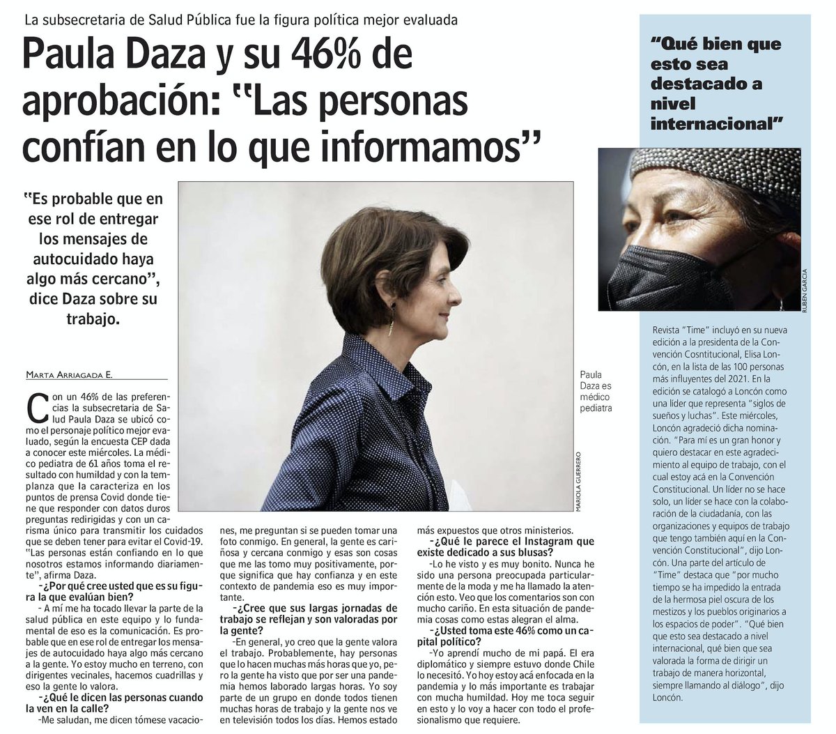 ojodelmedio's tweet photo. Un buen resumen de todo lo que está mal. Paula Daza lidera en la CEP y recibe tres veces más espacio que Elisa Loncon, elegida como una de las líderes mundiales según la revista Time (otro día analizaremos las fotos elegidas). Hoy en LUN. https://t.co/nGHCtMaHTl