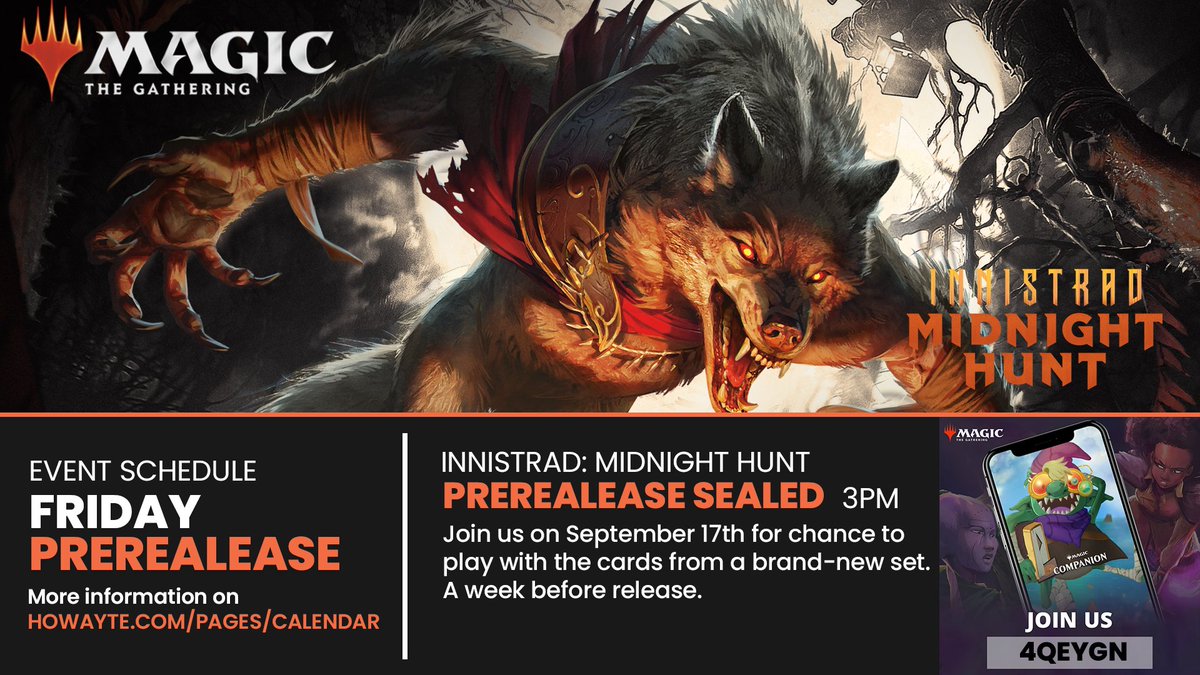 Howayte's tweet image. Innistrad: Midnight Hunt Prerelease is this weekend! We can't wait to see what we will get and share the excitement with everyone. 

Join us by using the MTG companion app.

More info: howayte.com/pages/calendar

#howayte #bahrain