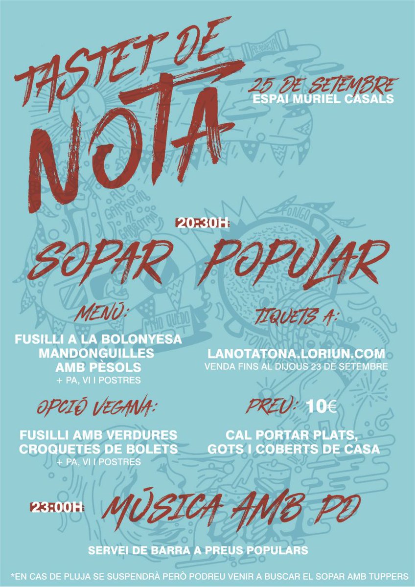 Ara ja us podem anunciar la bona notícia: el 25 de setembre podrem gaudir d’un TASTET DE NOTA, amb el tradicional sopar popular!! 🤩🥳

Compra de tiquets: lanotatona.loriun.com/p/sopar-popula…

Ens retrobem aviat!🙌🏼