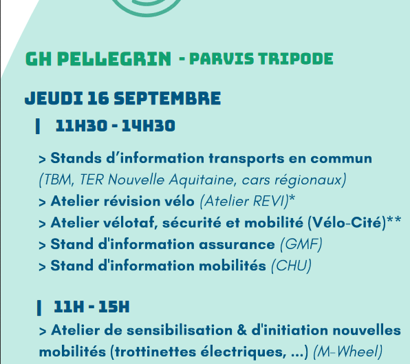 [#LANCEMENT] Semaine de la #Mobilité🚴🚎 au <a href="/CHUBordeaux/">CHU de Bordeaux</a> avec le village de la mobilité sur le Groupe Hospitalier Pellegrin : informations, sécurité, initiation...#SemaineEuropeenneMobilité 
Le programme complet sur toutes les animations : bit.ly/393QENN