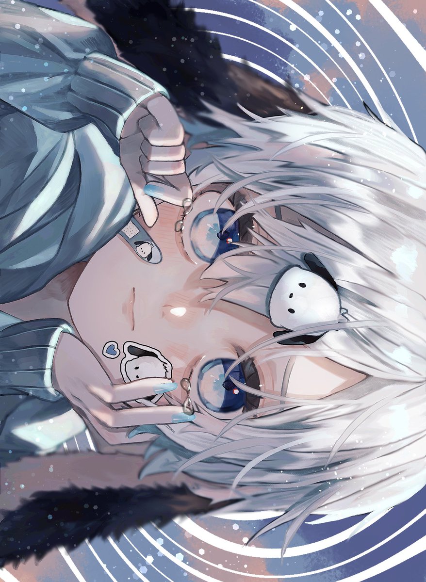 1boy male focus white hair blue eyes looking at viewer solo hair ornament  illustration images