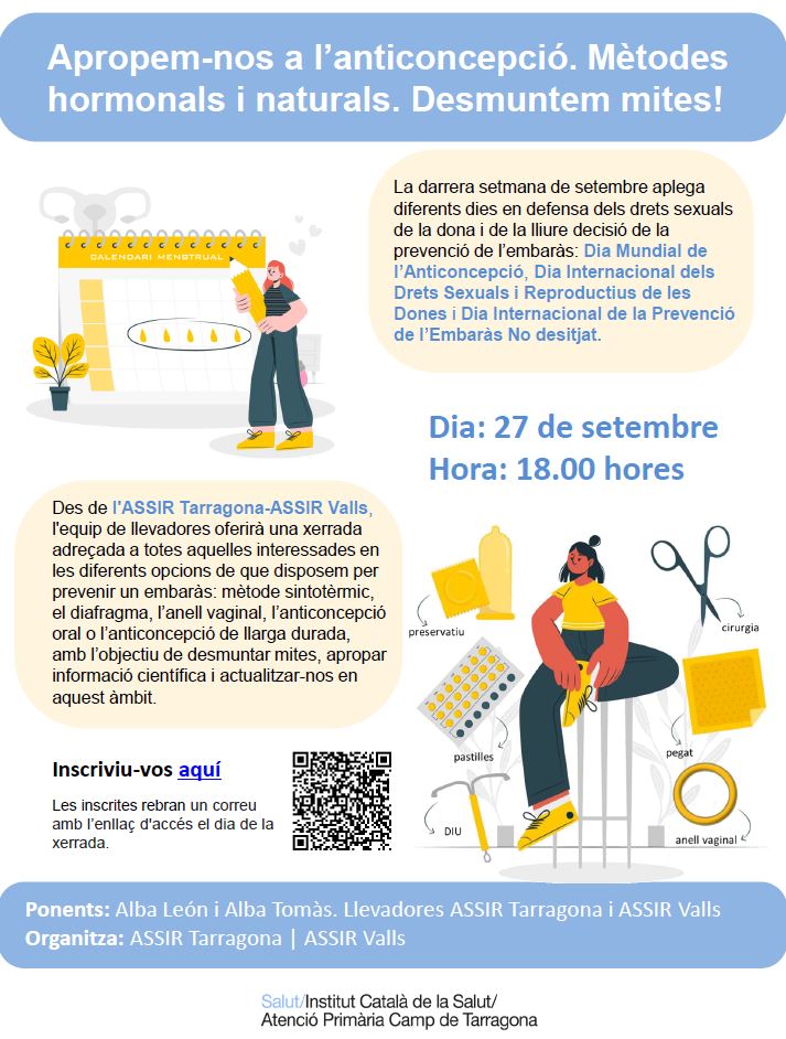 📣 Xerrada de les llevadores de L'#ASSIR #Tarragona - #Valls
🗓 27 de setembre 🕔 18.00 h. 
✍🏾Inscripció prèvia 
bit.ly/3nDILXN
+ Info 👉🏿 bit.ly/3hDtoLj
#prevencion #embaràs #salut #Anticoncepció #salutsexual