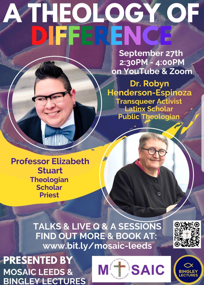 What is a fully thought through Theology of Difference? How should it change our lives &amp; the Church? Hear <a href="/irobyn/">Dr. Roberto Che Espinoza ✊🏽</a> &amp; Prof Elizabeth Stuart &amp; join Q&amp;A via zoom Sign up for FREE now at bit.ly/Theo-Diff @Mike_GreenUK #BingleyLecture 2021 <a href="/LeedsMosaic/">Mosaic in Leeds</a> #Bingley