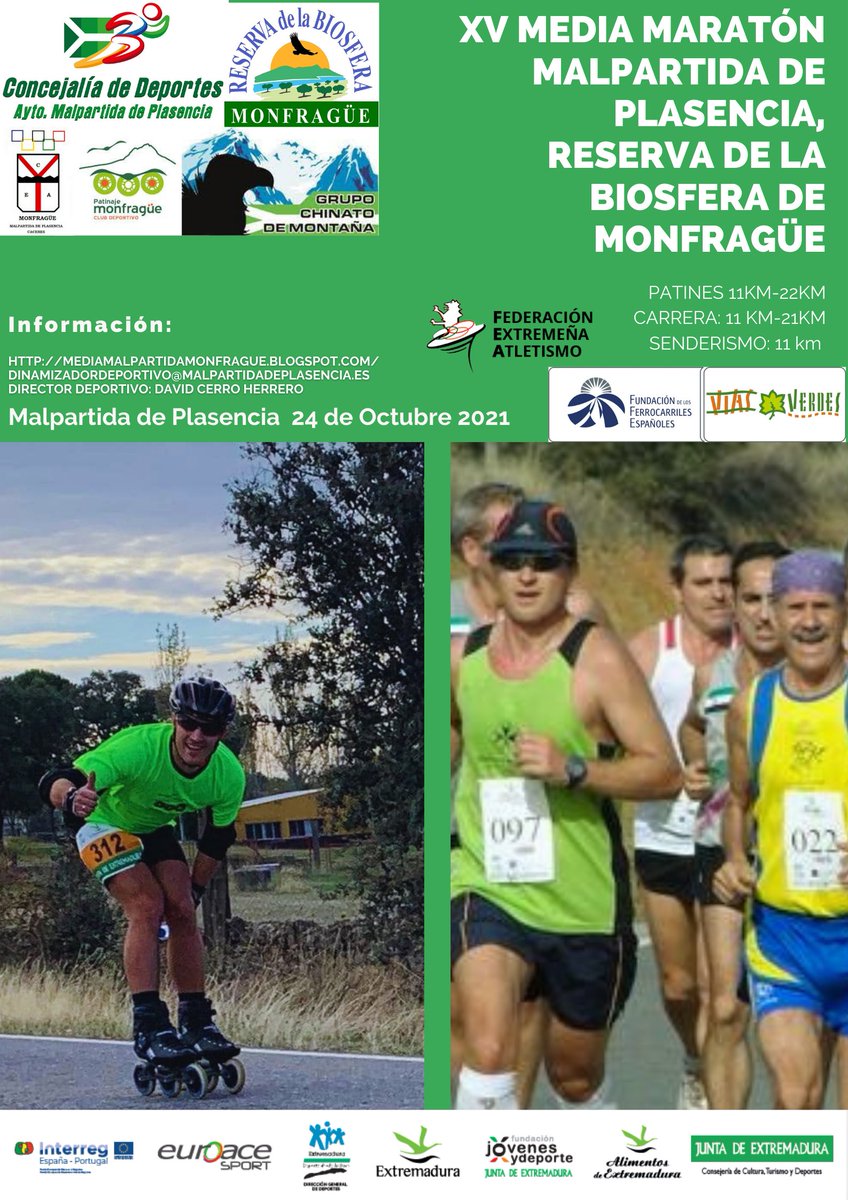 🏃‍♂️🏃🏃‍♀️MEDIA MARATÓN MALPARTIDA DE PLASENCIA - RESERVA DE LA BIOSFERA DE MONFRAGÜE
⬇️Apertura de inscripciones y toda la información en: mediamalpartidamonfrague.blogspot.com