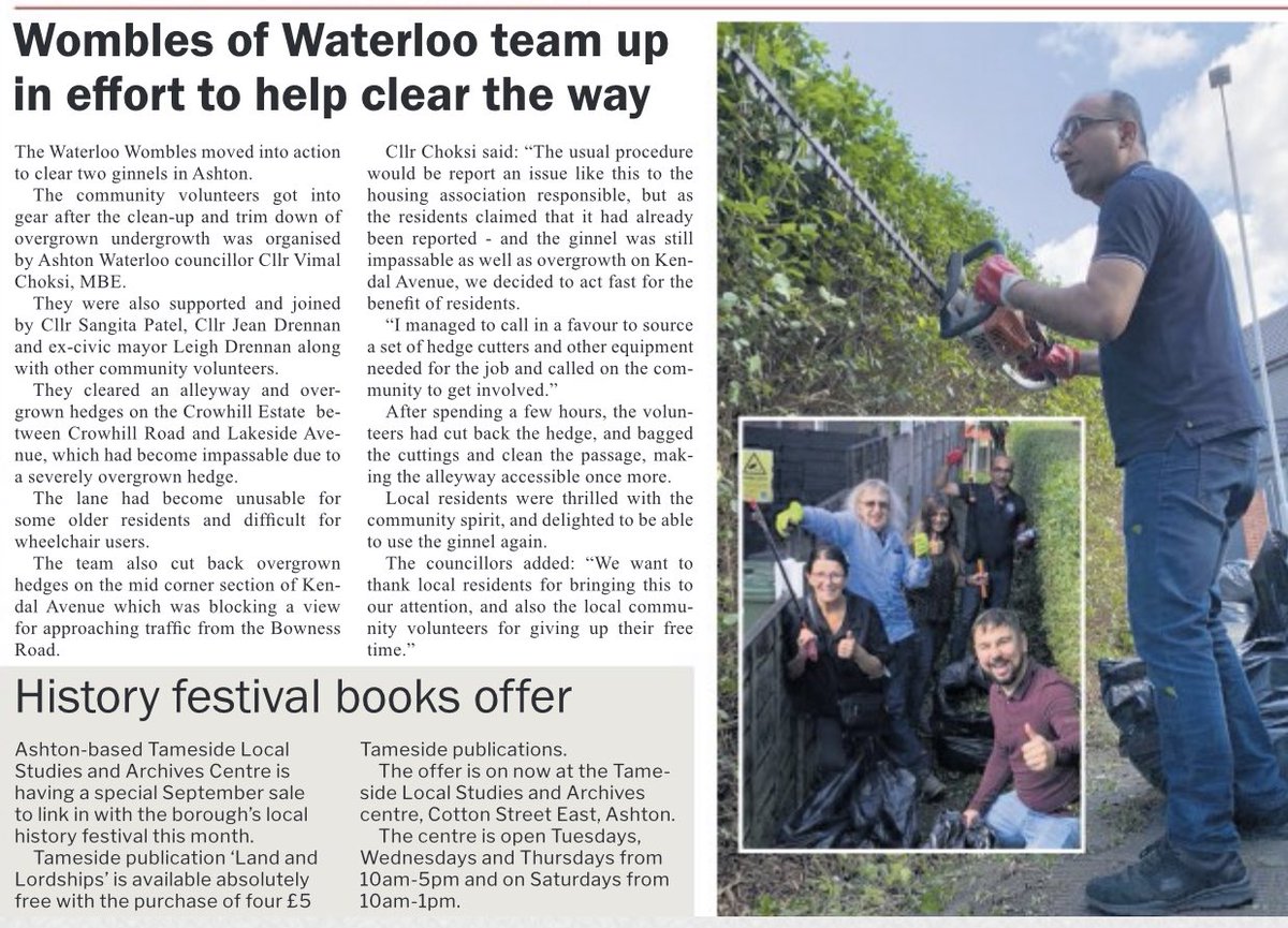 WaterlooNewsAUL's tweet photo. Some great coverage of local community action group - The #WaterlooWombles in today’s @newsintameside ♻️
@ChoksiVimal recently called on the help of local volunteers to clear an alleyway on the Crowhill Estate in Ashton Waterloo.
#WaterlooTogether❤️
#CleanerWaterloo♻️ https://t.co/uJwYbXA1Xn