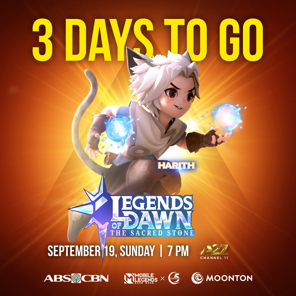 OfficialA2ZPH's tweet photo. Hanggang saan dadalhin si Harith ng kanyang karunungan at katapangan para labanan ang kasamaan?
3 ARAW NA LANG, #LegendsOfDawn THE SACRED STONE NA! Panoorin ang powerful episodes ng first-ever #MobileLegendsBangBang animation simula ngayong Linggo, 7PM sa A2Z Channel 11. https://t.co/D9t6U6sXap