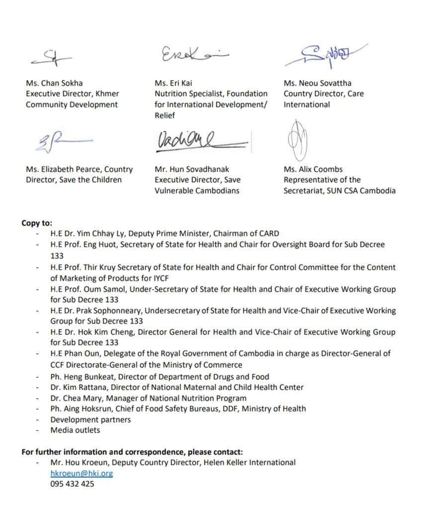 Appreciation letter from #DevelopmentPartners to H.E Health Minister for his decision, not to accept a donation of 79,716 cans of #BMS. @ARCH_Nutrition @KatelynYuen @MagdaBotho @mackengreen @UNCambodia @aliveandthrive @WHOCodeNI @MathisenRoger @UNICEFCambodia @andyrooke87