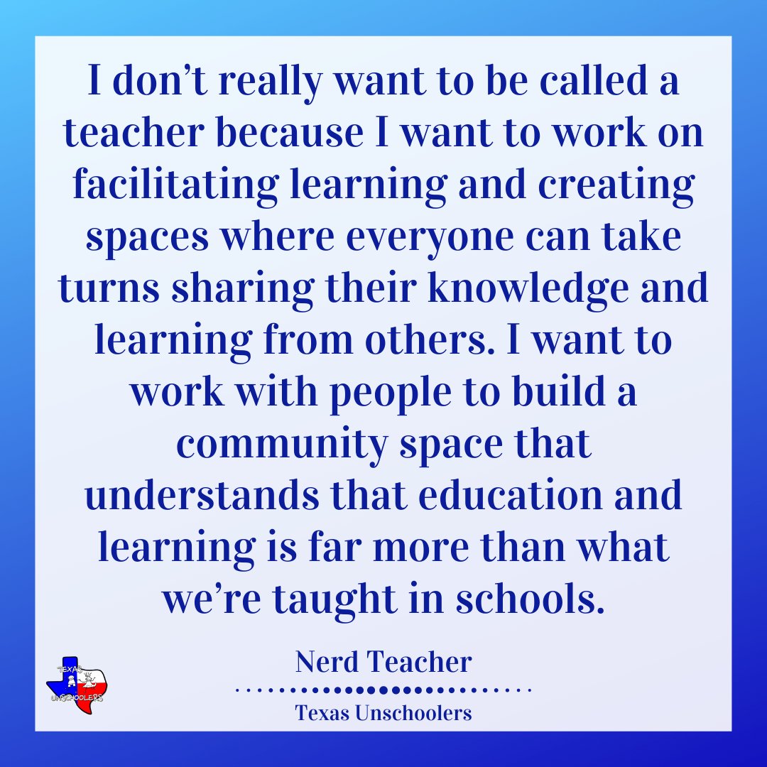 I don’t really want to be called a teacher because I want to work on facilitating learning and creating spaces where everyone can take turns sharing their knowledge and learning from others. <a href="/whatanerd/">nerd teacher 🦇 | @whatanerd@treehouse.systems</a>

nerdteacher.com/?p=573
