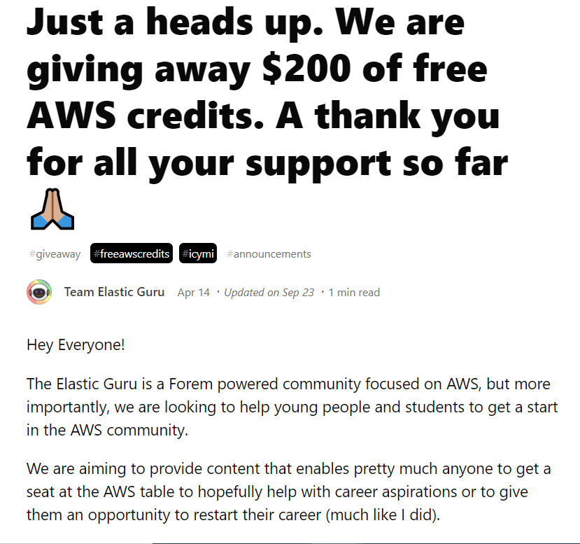 💰Want to receive $200 in AWS credits? All you need to do is introduce yourself in the @theelasticguru welcome thread (bit.ly/3i2gWVs) &amp; include the text #freeAWScredits. 

👉 OR retweet this post with the hashtag #freeAWScredits and tag @theelasticguru. 

#awscommunity