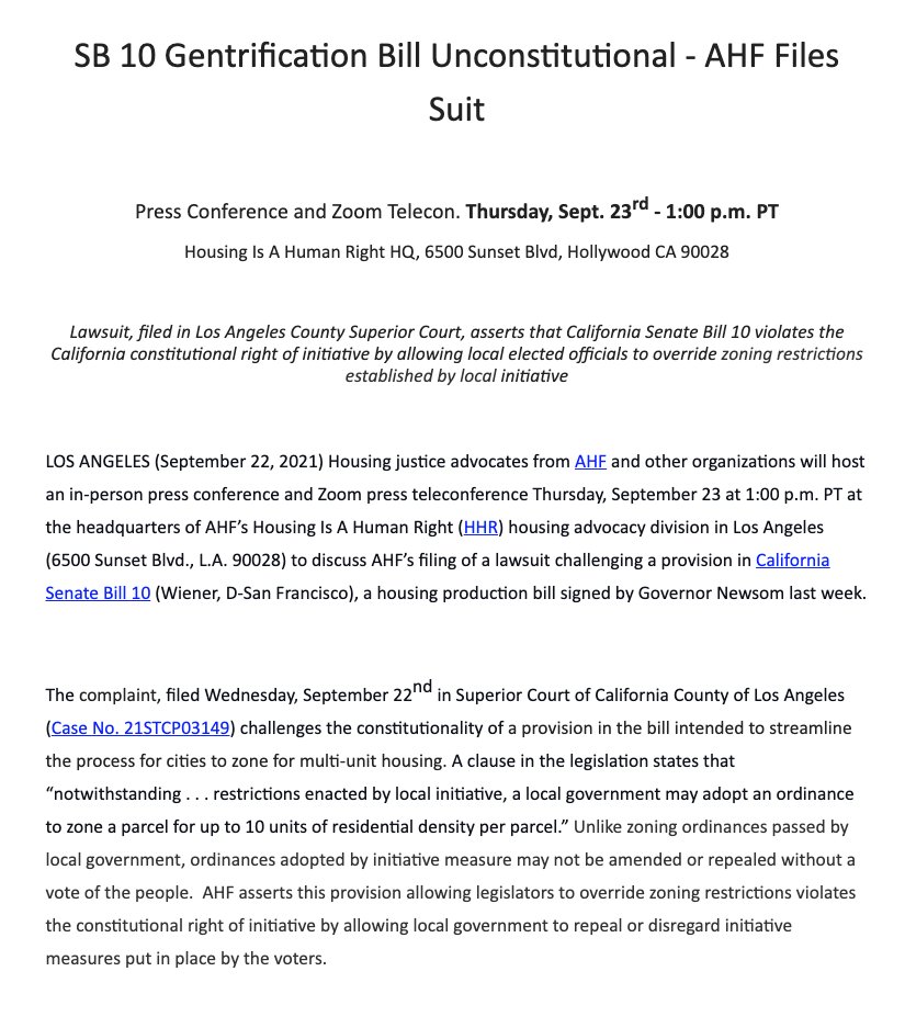 .<a href="/AIDSHealthcare/">AIDS Healthcare Foundation (AHF)</a>, our parent organization, has filed a lawsuit to stop California bill #SB10. The trickle-down housing policy is a giveaway to developers that will fuel gentrification. It will devastate working-class communities, especially those of color. SB 10 must be stopped.