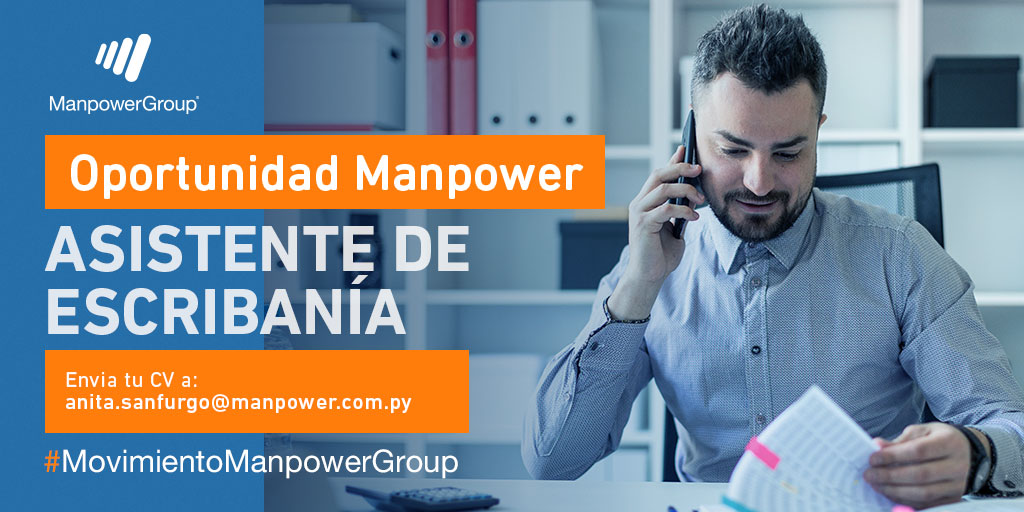 ManpowerGroup Py (@manpowergrouppy) on Twitter photo ¡Tu próximo desafío está cerca!
Buscamos
𝐀𝐒𝐈𝐒𝐓𝐄𝐍𝐓𝐄 𝐃𝐄 𝐄𝐒𝐂𝐑𝐈𝐁𝐀𝐍Í𝐀
📧 Si contás con el perfil, remití tu CV a: anita.sanfurgo@manpower.com.py
Ref: asistente de escribanía.
#WePowerTheFutureOfWork #MovimientoManpowerGroup ¡Tu próximo desafío está cerca!
Buscamos
𝐀𝐒𝐈𝐒𝐓𝐄𝐍𝐓𝐄 𝐃𝐄 𝐄𝐒𝐂𝐑𝐈𝐁𝐀𝐍Í𝐀
📧 Si contás con el perfil, remití tu CV a: anita.sanfurgo@manpower.com.py
Ref: asistente de escribanía.
#WePowerTheFutureOfWork #MovimientoManpowerGroup