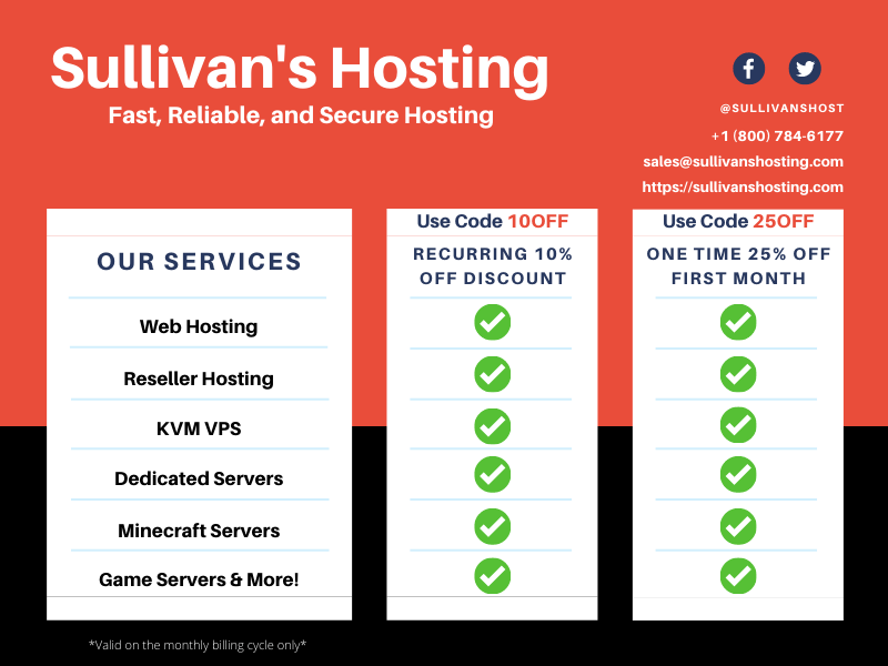 SullivansHost's tweet photo. LIMITED TIME OFFER! 
Check us out: https://t.co/abeOGFcqkf
#webhosting #sharedhosting #resellerhosting #VPS #KVM #dedicatedservers #minecraft #minecraftserver #minecrafthosting #games #GameServer #7DaysToDie #arksurvivalevolved #Unturned #csgo #counterstrikeglobaloffensive https://t.co/MoGHDAIa5U