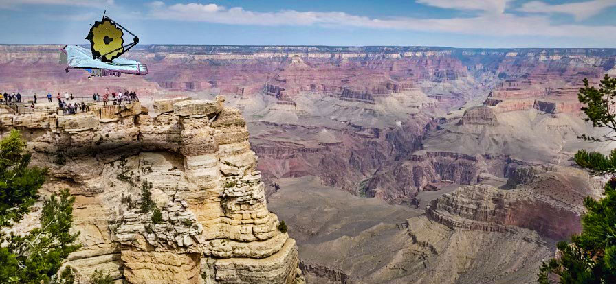 A space telescope, with a gold. circular body, black arms pointed to a center point, and a white, rectangular base, floats (superimposed) above a crowd of visitors at a viewpoint for a vast and colorful canyon.