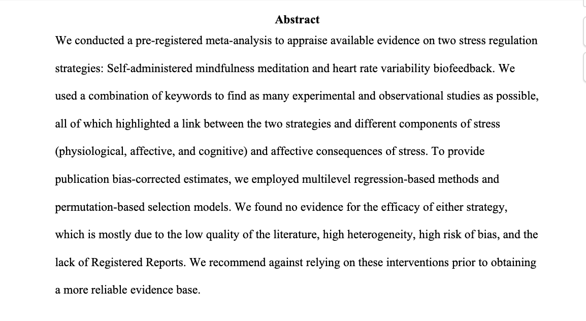 Just submitted my first first-author paper and preprint: A pre-registered meta-analysis on biofeedback and self-administered mindfulness effects’ on stress regulation. Preprint: psyarxiv.com/zpw28/; materials: osf.io/ch9dz/ 1/5