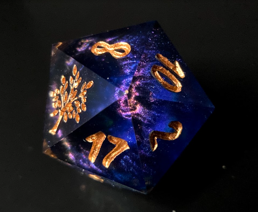 ShadeyDice's tweet photo. This tree logo is currently available on our "Overshadow" &amp; "Back in Black" d20s! 🌳 Both are 25mm chonks with sharp edges, inked in copper, &amp; available right now in our Etsy shop :) 🌿

https://t.co/6ovaUnNIgQ

#dice #d20 #handmadedice #DnD #ttrpg #chonk https://t.co/y7vaRPoJ4U