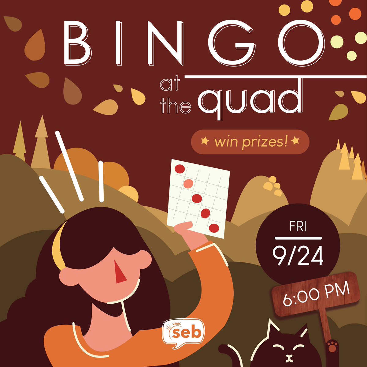 Feeling lucky? Join (seb) this Friday at the quad for a night of laughter, amazing prizes, and fall themed bingo!! 🍁🍂 Tell everyone you know to stop by (seb) bingo B4 you break our hearts! 🧡🧡