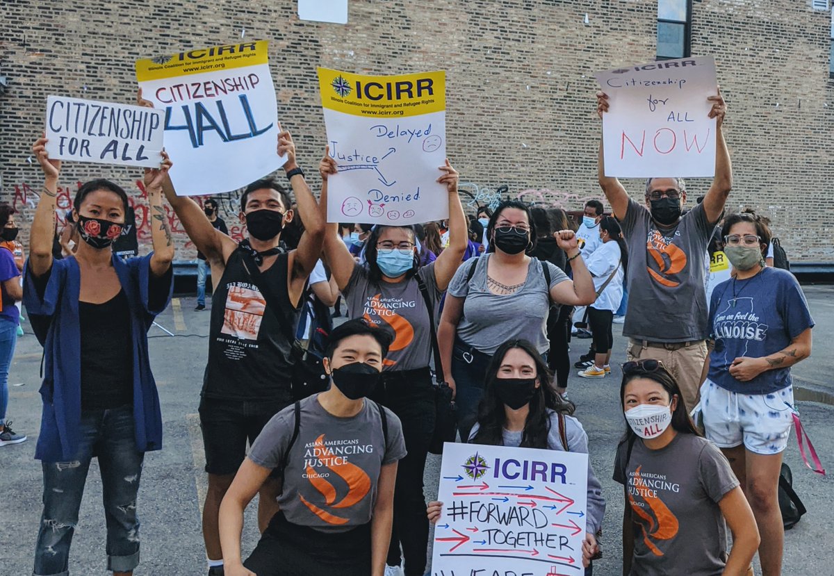 AAAJ_Chicago's tweet photo. Earlier this week, we joined @icirr for a press conference responding to the parliamentarian decision &amp; sendoff of the overnight bus crew of the 100 ICIRR members going to DC for the national #WelcomeBackCongress: March for Citizenship, Care, and Climate. #Citizenship4all https://t.co/Ir73xurW4u