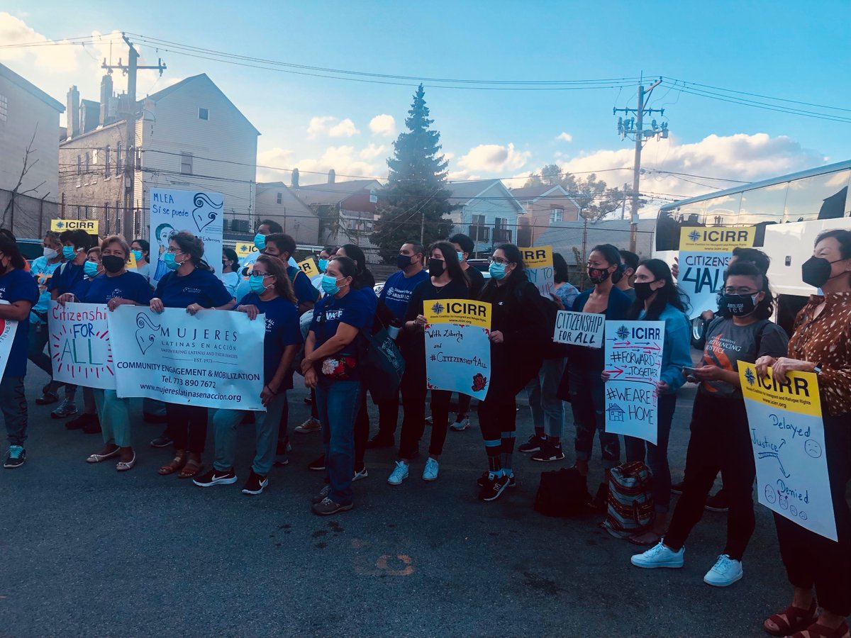 AAAJ_Chicago's tweet photo. Earlier this week, we joined @icirr for a press conference responding to the parliamentarian decision &amp; sendoff of the overnight bus crew of the 100 ICIRR members going to DC for the national #WelcomeBackCongress: March for Citizenship, Care, and Climate. #Citizenship4all https://t.co/Ir73xurW4u
