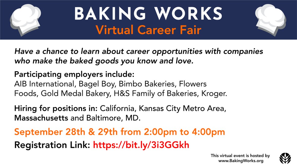 BHCCICD's tweet photo. Baking Works Virtual Career Fair! Sept 28th & 29th, Have a chance to learn about career opportunities with companies who make the baked goods you know and love. Register here: https://t.co/Gbd38LHVap
@BHCCBoston #bakingworks https://t.co/XtHBkYuqdg