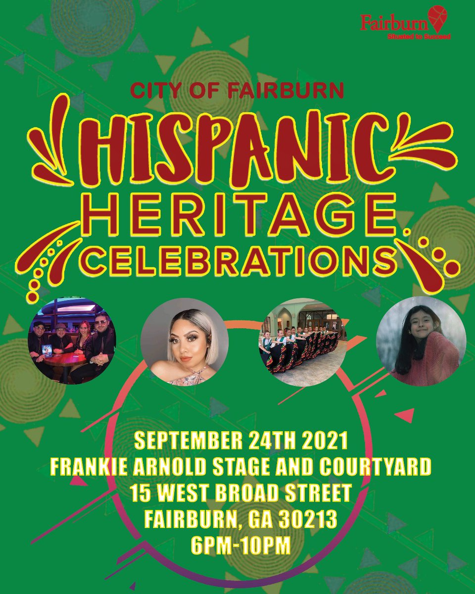 CityofFairburn's tweet photo. In honor of Hispanic Heritage Month - the City of Fairburn will host a Celebration on Friday, September 24 / 6 pm - 10 pm.
Frankie Arnold Stage &amp; Courtyard - 15 W. Broad St.

Come out for an evening of Fun, Music &amp; Vendors.

https://t.co/PUGYCngCya https://t.co/CC1lHvk8V1