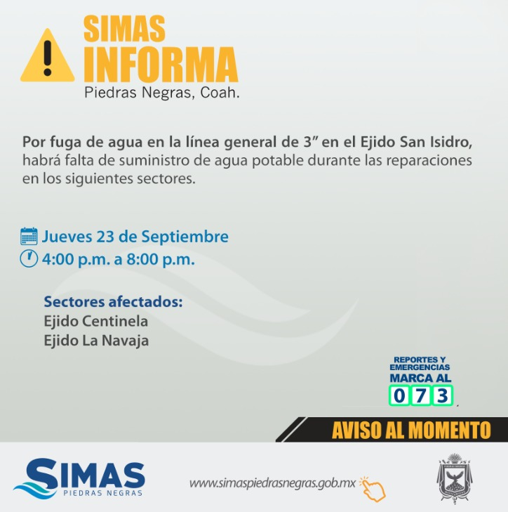 simaspn's tweet photo. ATENCIÓN!
#SIMASinforma
Por fuga de agua en la lineal general de 3" en el Ejido San Isidro, se presentará baja presión de agua durante las reparaciones. 🚧🚧
Agradecemos su comprensión. https://t.co/OyAUfwy7D1