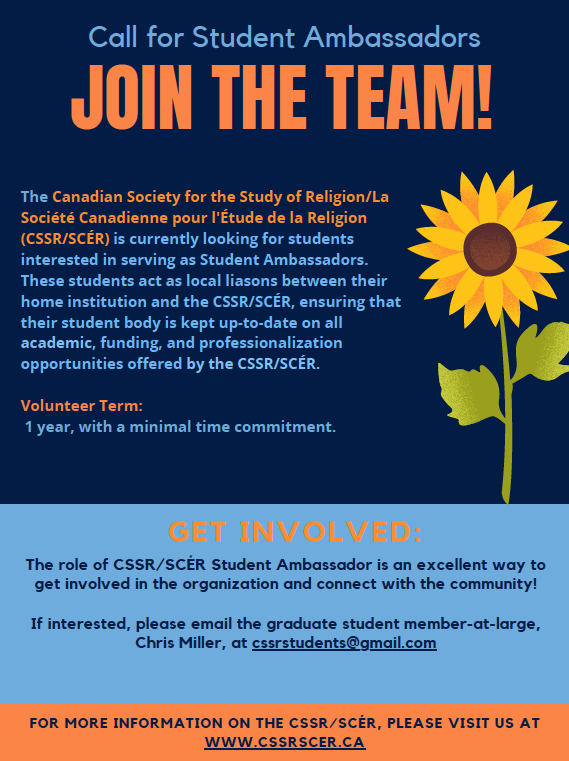 The <a href="/cssr_executive/">CSSR</a> is still seeking Graduate Student Ambassadors for a number of schools, including @MacRelStuds, <a href="/carletonreli/">Religion at Carleton University</a>, <a href="/SMU_Rels/">SMU Study of Religion</a>, and more! See the official call and more info here: cssrscer.ca/?q=node/1648.