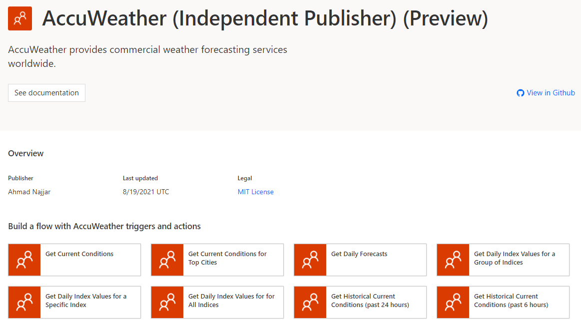 I've Just noticed that my second Independent Publisher Connector <a href="/accuweather/">AccuWeather</a> went live a couple of days ago! 🥳🥳🥳

You can use it today, to build your own weather data infused apps in #PowerAutomate, #PowerApps or #LogicApps

emea.flow.microsoft.com/en-us/connecto…