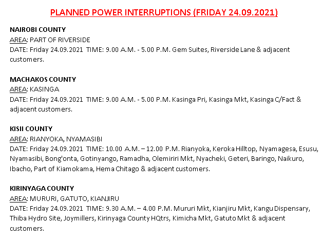 KenyaPower_Care's tweet photo. Hello, these areas will be affected by planned power interruptions tomorrow : ^DM https://t.co/Rg7wh0bxA7
