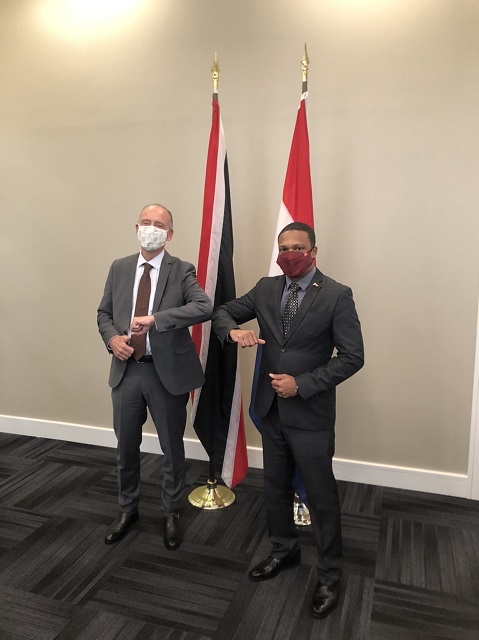 NLinPortOfSpain's tweet photo. Ambassador #RaphaelVarga #KingdomOfTheNetherlands met with Minister Amery Browne, Foreign and #Caricom Affairs of
the Republic of #TrinidadandTobago. Discussions focused on tourism and airlines #Jetair from #Curacao and #KLM #Amsterdam flights to #Trinidad and #Tobago https://t.co/rZWScCcQeW