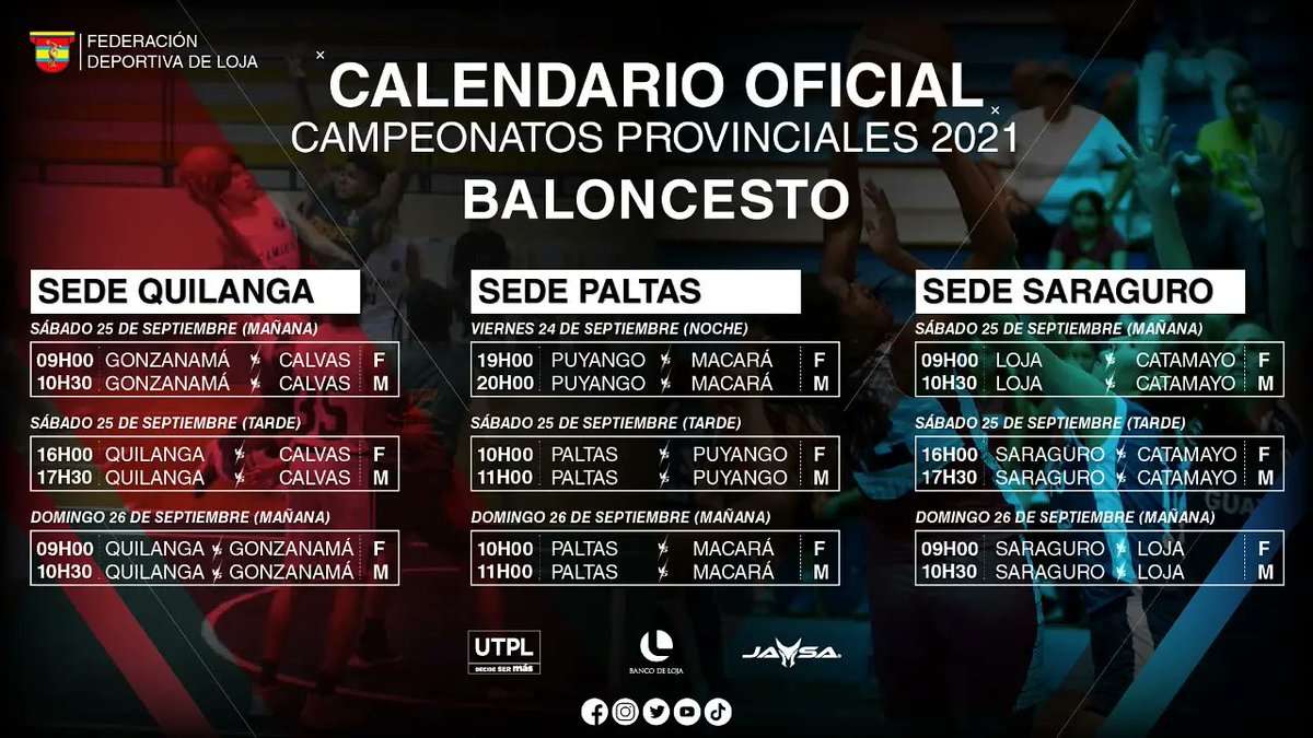 fedelojaec's tweet photo. Este viernes 24 de septiembre comienza el Campeonato Provincial Categoría Menores de Baloncesto 🏀. 

El telón lo abre Puyango 🆚 Macará femenino en el cantón Paltas a las 19H00, y a acto seguido, los seleccionados masculinos. 

Aquí te dejamos todo el calendario.

#YoSoyFedeLoja https://t.co/RDnQXEWR0J