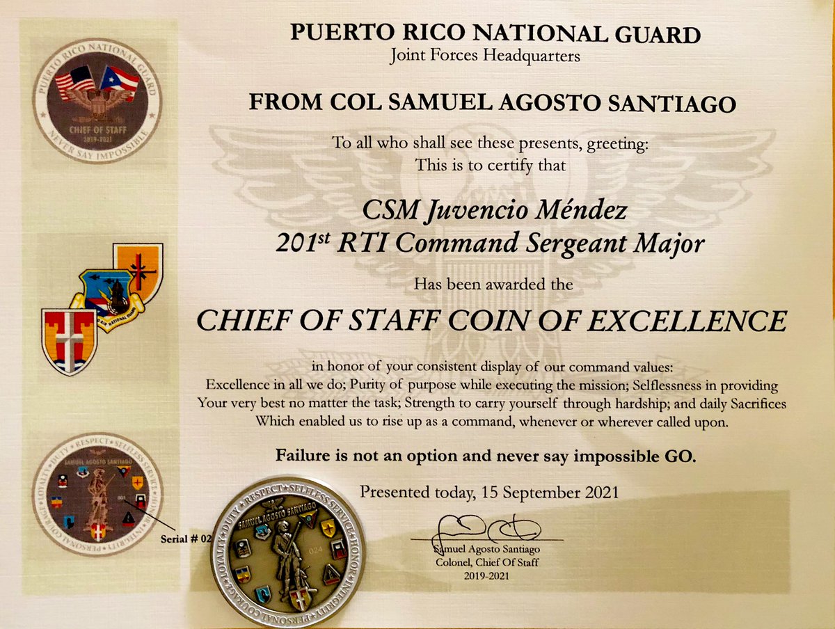 CSM_Mendez's tweet photo. Thank you very much, COL Samuel Agosto PRNG Chief Staff, for your recognition and giving me your coin of excellence. Success in his new assignment, we will always be at his command. 🏆🥇🎖 https://t.co/RhLQ3hQIxf