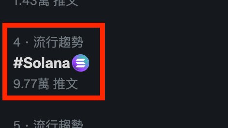 Twitter 的台灣流行趨勢。
沒想到 <a href="/solana/">Solana</a> 可以排到第 4 名，不知道是不是有活絡的中文社區的影響。
btw <a href="/Bitcoin/">Bitcoin</a> 也才第 9 名。